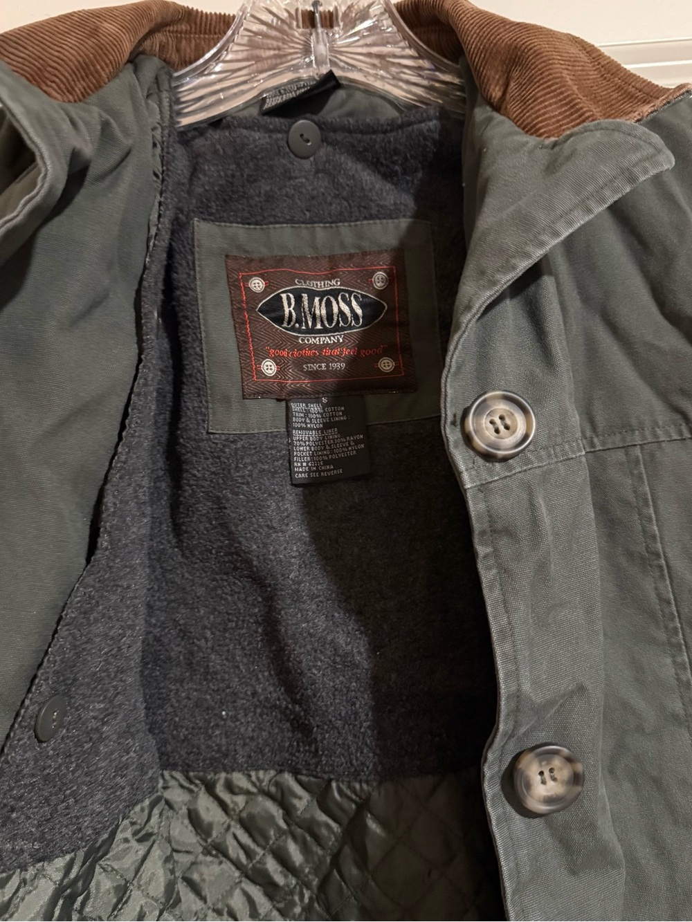 Tailor B. Moss Olive Green Field Jacket with Brown Corduroy Collar
